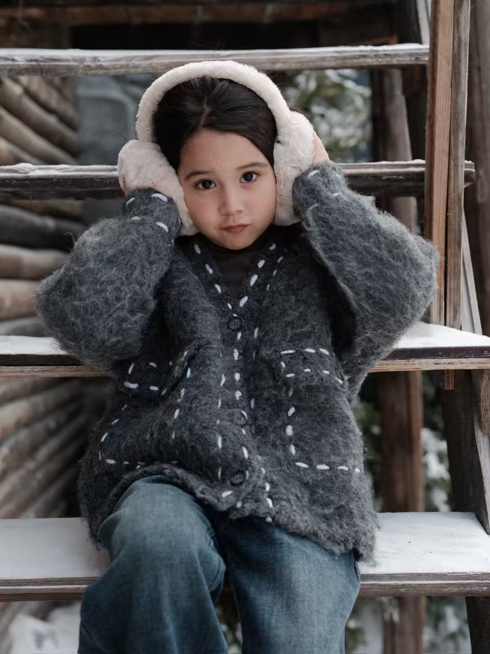 Grey Fleece Button Knitted Coat