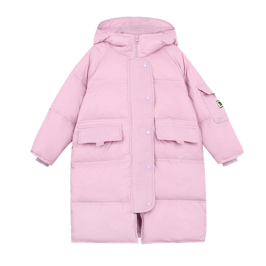 Pink Hooded Zip Long Down Jacket
