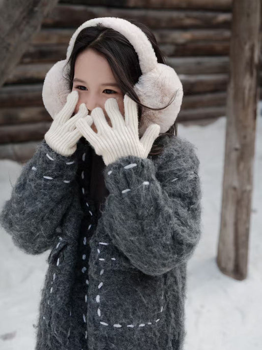 Grey Fleece Button Knitted Coat