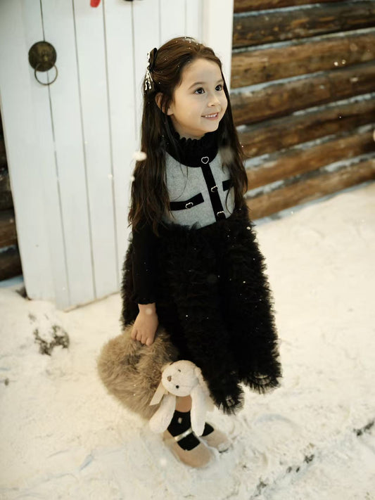 Black Grey Knitted Layered Tulle Dress